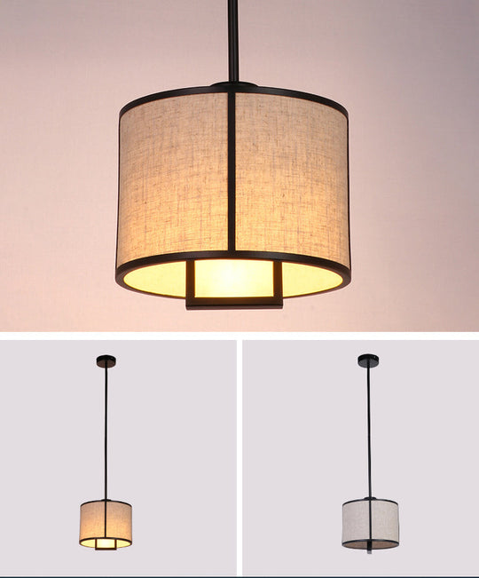 Minimalist Single-Light Fabric Drum Pendant For Living Room With 47 Carbon Steel Rod