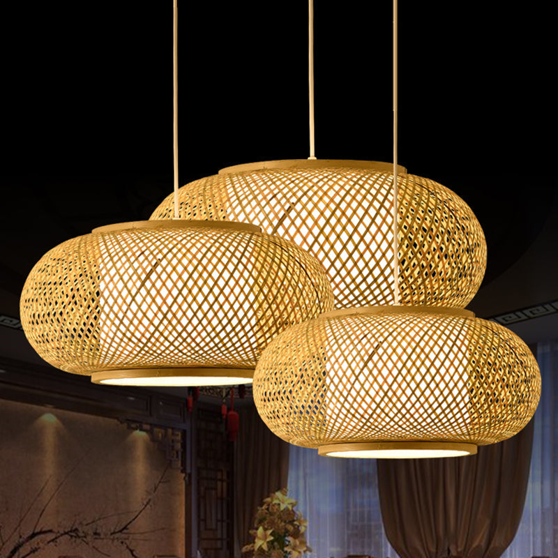 Asian Style Bamboo & Rattan Weaving Drum Pendant Lamp Beige