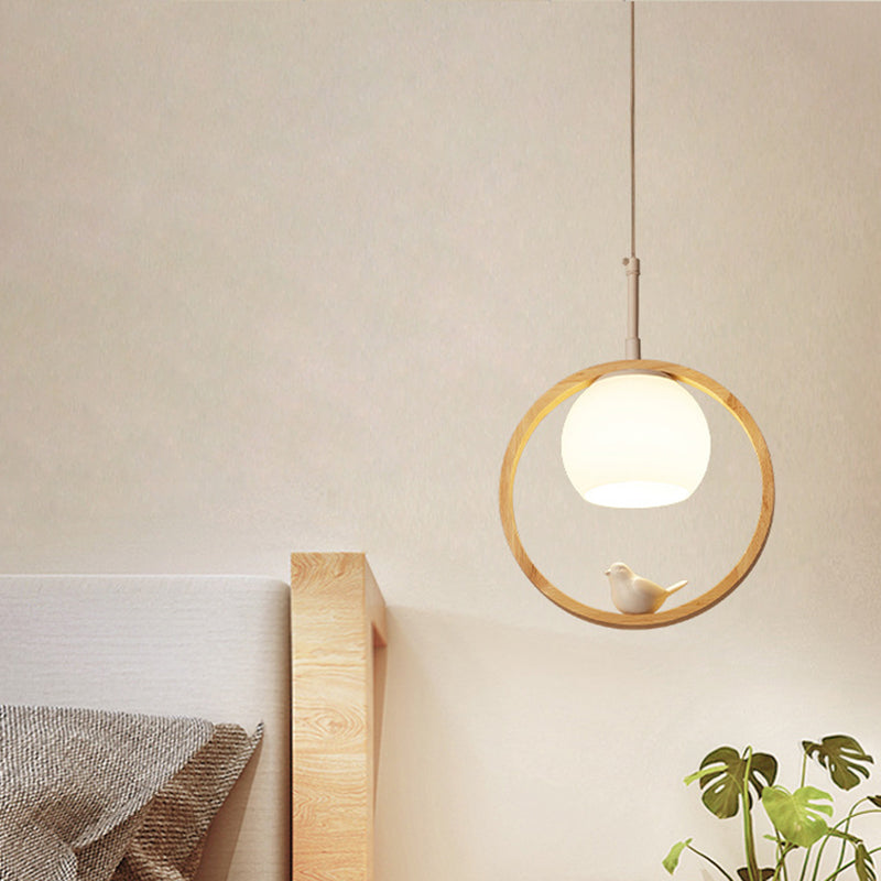 Contemporary Round Natural Wood Pendant Light - Bedroom Hanging Lamp With Bird Accent