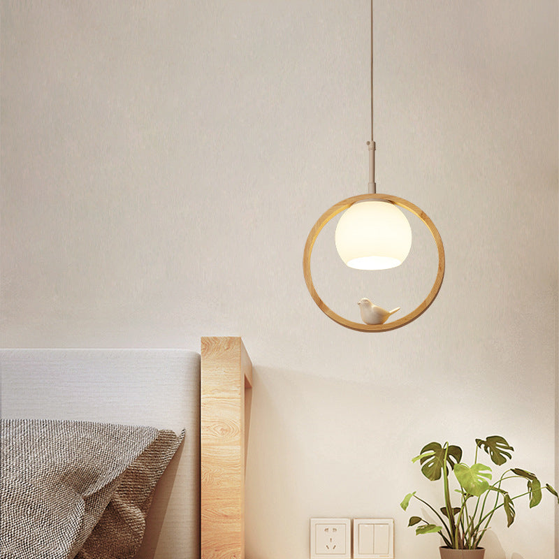 Contemporary Round Natural Wood Pendant Light - Bedroom Hanging Lamp With Bird Accent