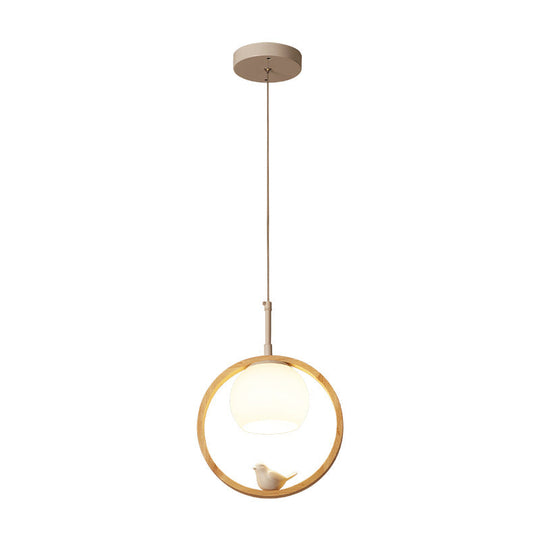 Contemporary Round Natural Wood Pendant Light - Bedroom Hanging Lamp With Bird Accent