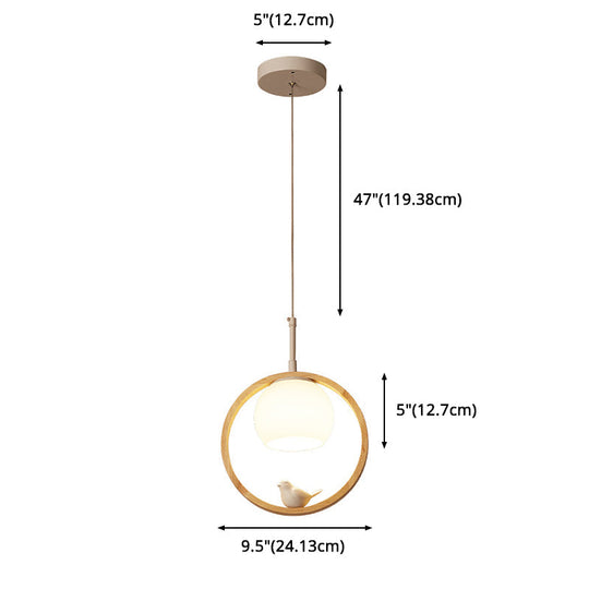 Contemporary Round Natural Wood Pendant Light - Bedroom Hanging Lamp With Bird Accent
