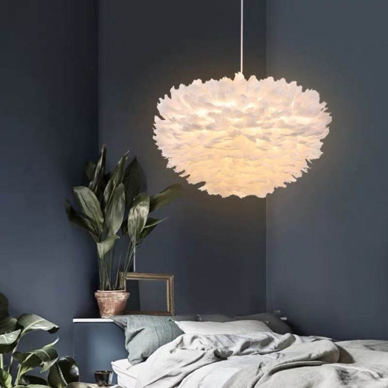 Modern Nordic White Feather Globe Pendant Light For Bedroom Ceiling