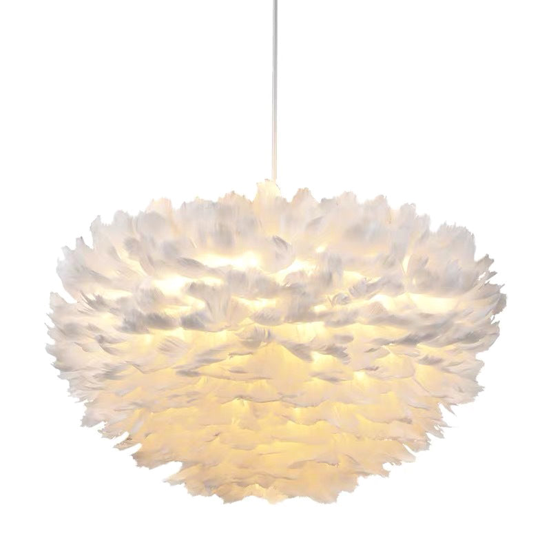 Modern Nordic White Feather Globe Pendant Light For Bedroom Ceiling