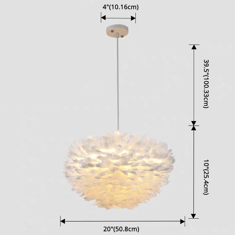 Modern Nordic White Feather Globe Pendant Light For Bedroom Ceiling