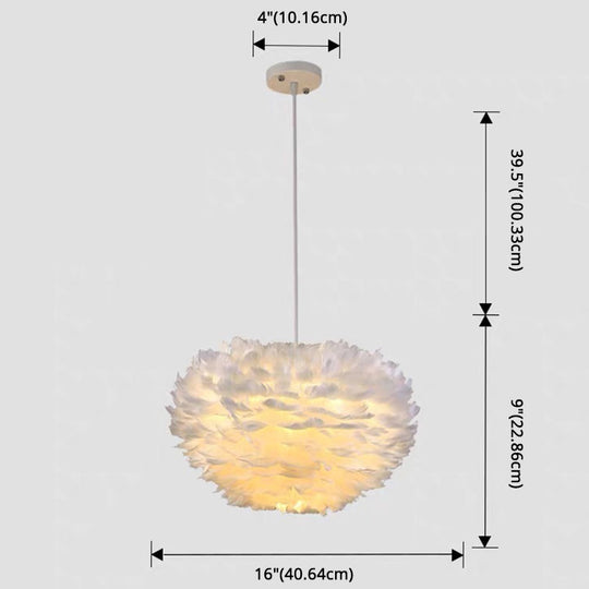 Modern Nordic White Feather Globe Pendant Light For Bedroom Ceiling