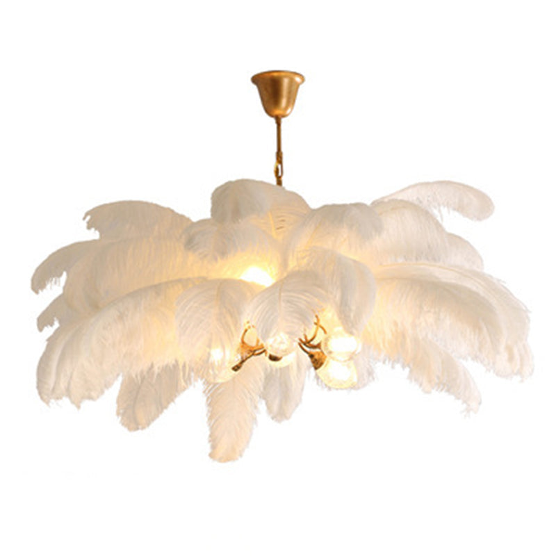 Modern Nordic 5-Light Ostrich Feather Ceiling Chandelier For Bedroom White