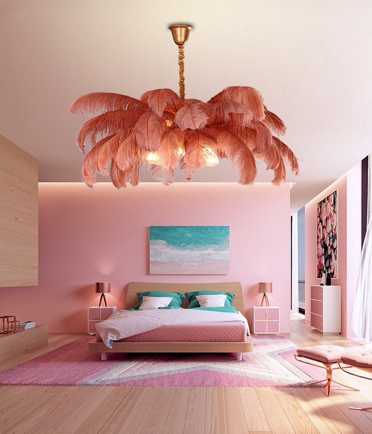 Modern Nordic 5-Light Ostrich Feather Ceiling Chandelier For Bedroom