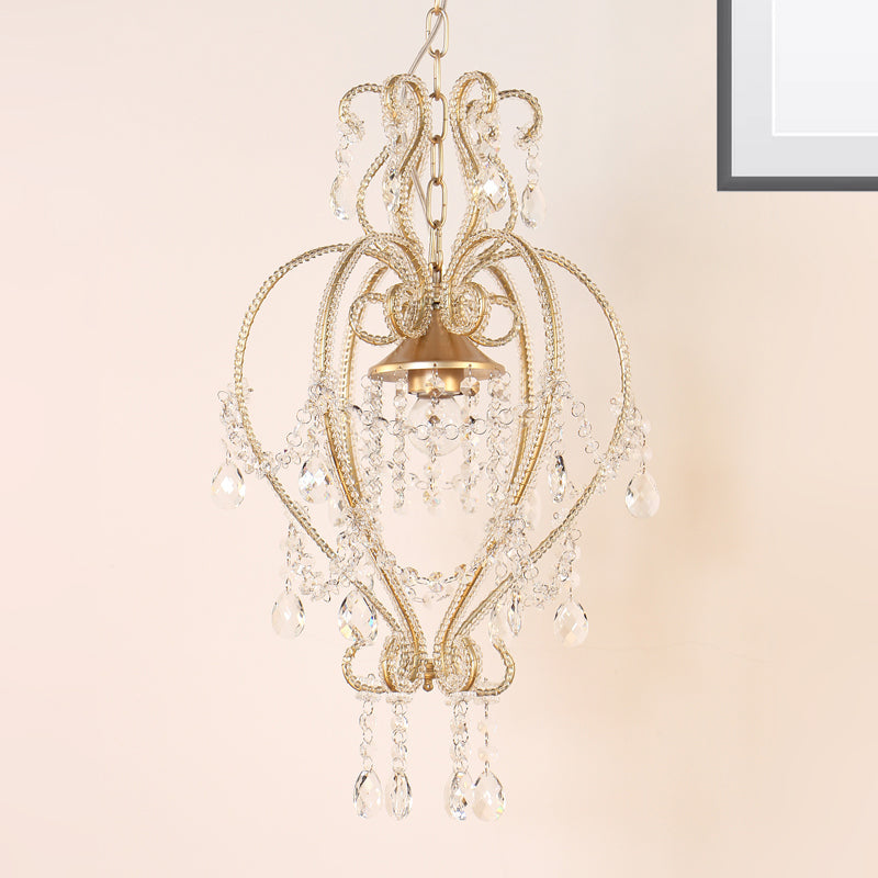 Victorian Scroll Frame Pendant Ceiling Lamp - Single Golden Metallic Light With Crystal Accent