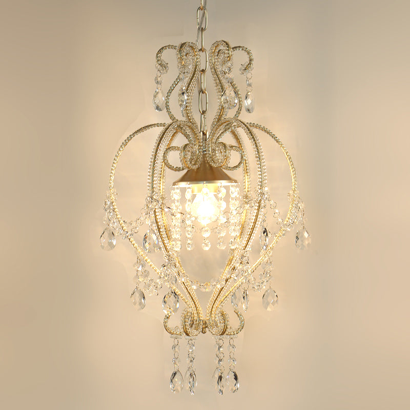 Victorian Scroll Frame Pendant Ceiling Lamp - Single Golden Metallic Light With Crystal Accent Gold