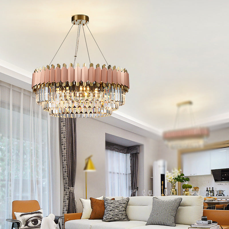 Modern Pink And Gold Crystal Drop Pendant Ceiling Light With 8/12 Lights