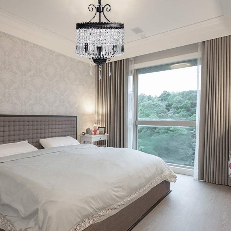 Modern Clear Crystal Beaded Pendant Light With Drum Shade - 3-Light Chandelier In Black