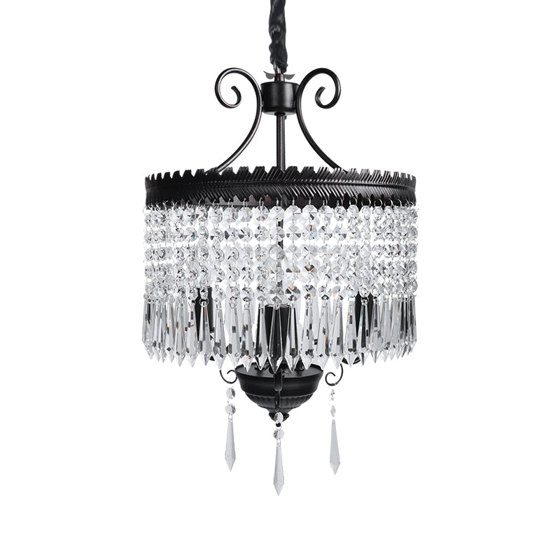 Modern Clear Crystal Beaded Pendant Light With Drum Shade - 3-Light Chandelier In Black
