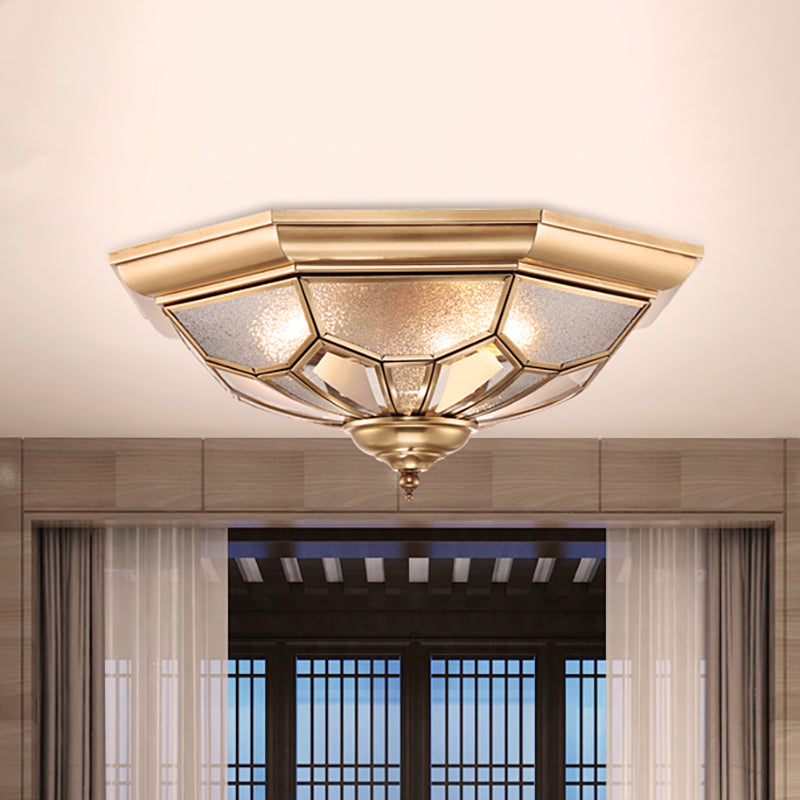 Colonial Brass Seeded Glass Flush Light Fixture For Bedroom - 3-Bulb Ceiling Mount