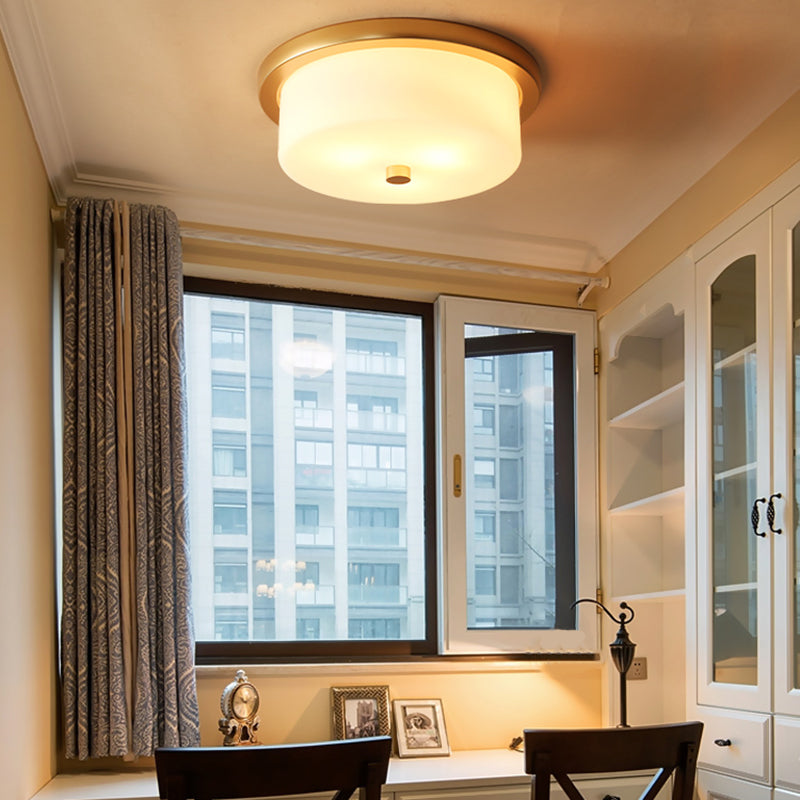 Colonial White Handblown Glass Drum Flush Mount Light With 3 Bulbs