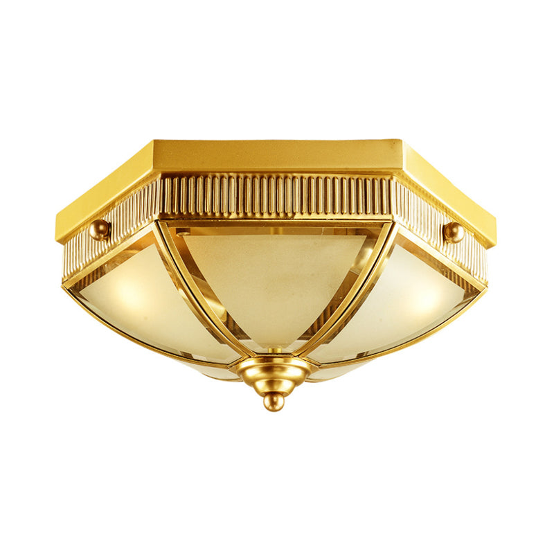Colonial Frosted Glass Ceiling Lamp With Gold Finish - 2 Bulbs Hallway Flush Mount Light