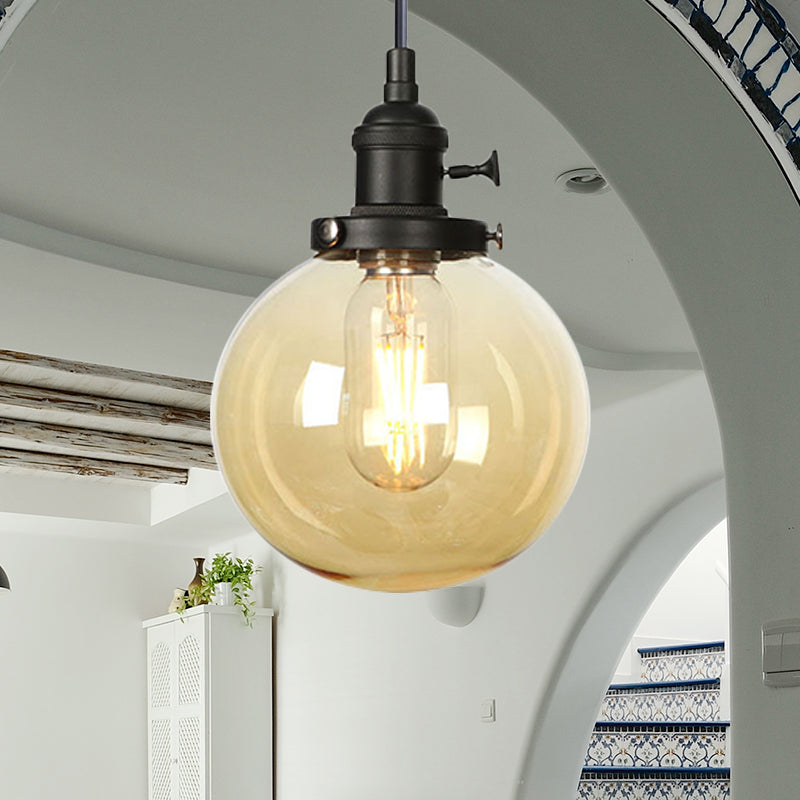 Farmhouse Orbit Pendant Light With Amber/Clear Glass And Adjustable Cord In 3 Elegant Finish