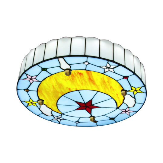 12’/16’ W Moon Flush Ceiling Light: Modern Tiffany Stained Glass Semi Mount In Blue