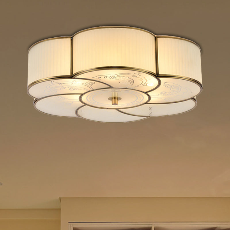 Traditional Brass Floral Flush Mount Lamp For Bedroom With Frosted Glass 4 /