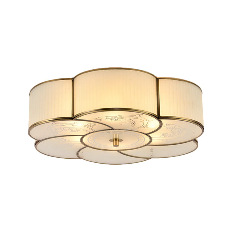 Traditional Brass Floral Flush Mount Lamp For Bedroom With Frosted Glass