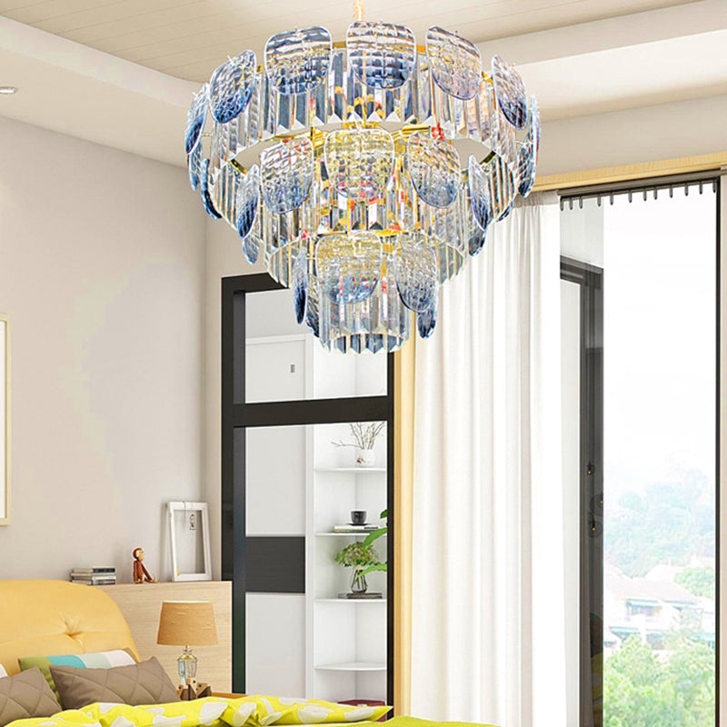 Modern Clear Faceted Crystal Tiered Hanging Light Kit With Blue Pendant Chandelier (5/10 Lights)