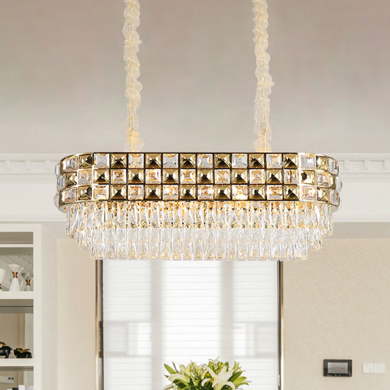 Modern Faceted Crystal Chandelier With 10 Gold Heads - Oval Suspension Lighting