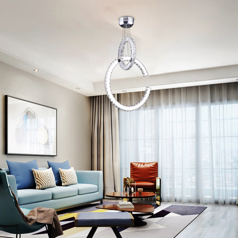 Modern Chrome Led Chandelier With 2-Tier Crystal Shade - Warm/White/Color Light Options