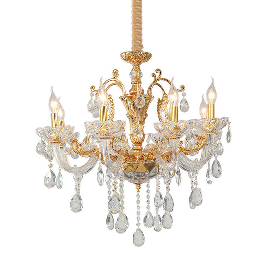 Modern Gold Candelabra Chandelier Light - 8 Heads Metal Pendant Lighting With Dangling Crystal