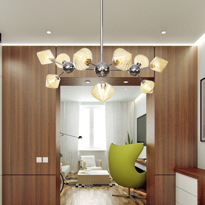 Industrial Stylish Glass Diamond Pendant Light Chandelier - 3/9/12 Bulbs Amber/Clear