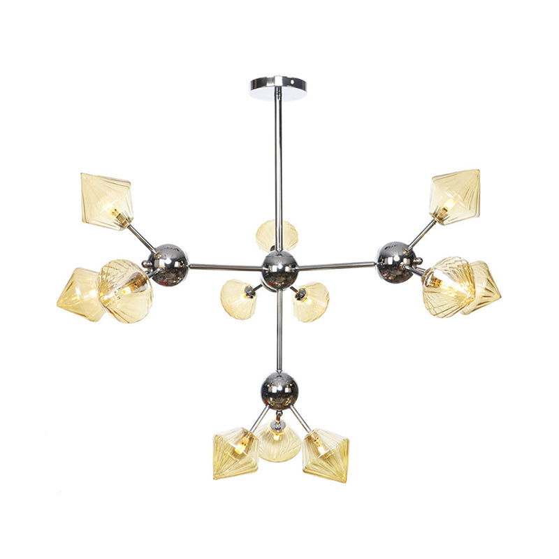 Industrial Stylish Glass Diamond Pendant Light Chandelier - 3/9/12 Bulbs Amber/Clear