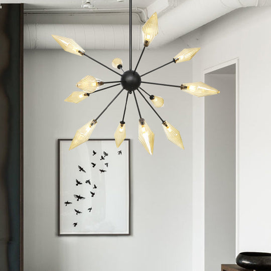 Mid-Century Diamond Shade Chandelier - Amber/Clear Ribbed Glass 9/12/15 Lights Living Room Pendant