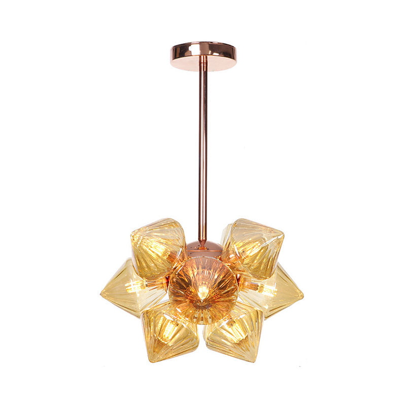 Stylish Farmhouse Chandelier Lamp: Diamond Amber/Clear Glass 9/12 Heads Copper/Gold Finish