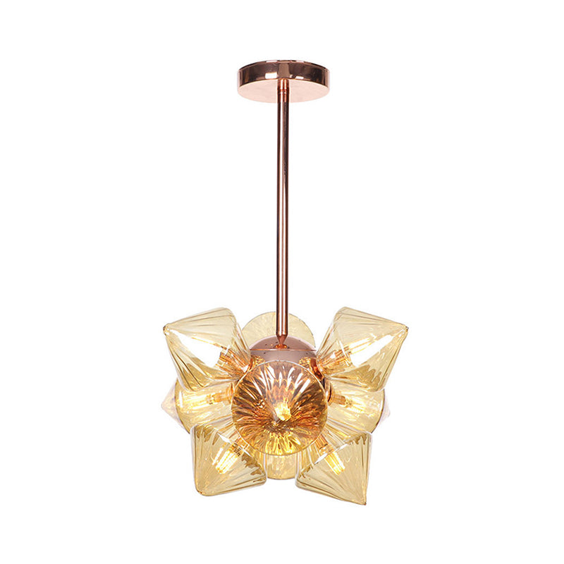 Stylish Farmhouse Chandelier Lamp: Diamond Amber/Clear Glass 9/12 Heads Copper/Gold Finish
