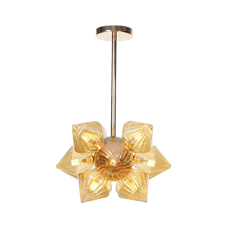 Stylish Farmhouse Chandelier Lamp: Diamond Amber/Clear Glass 9/12 Heads Copper/Gold Finish