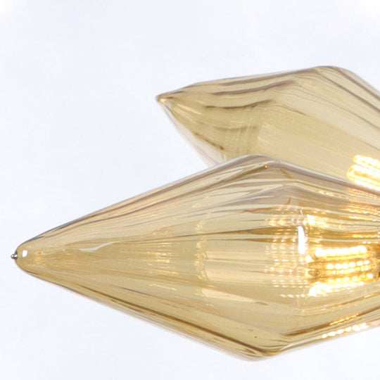 Industrial Amber/Clear Ribbed Glass Pendant Lighting With Starburst Design - 9/12/15 Heads Bedroom