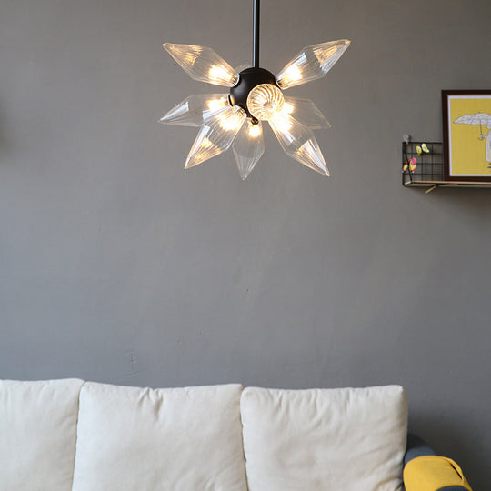 Industrial Amber/Clear Ribbed Glass Pendant Lighting With Starburst Design - 9/12/15 Heads Bedroom