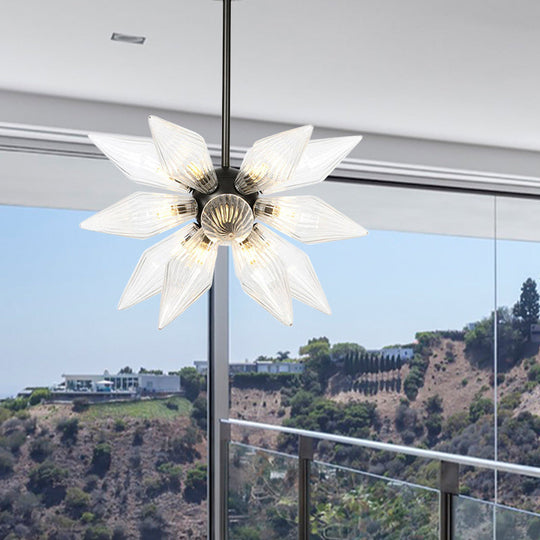 Industrial Amber/Clear Ribbed Glass Pendant Lighting With Starburst Design - 9/12/15 Heads Bedroom