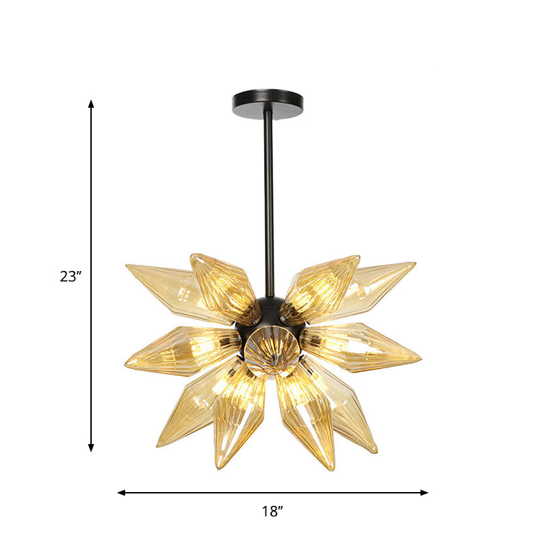 Industrial Amber/Clear Ribbed Glass Pendant Lighting With Starburst Design - 9/12/15 Heads Bedroom