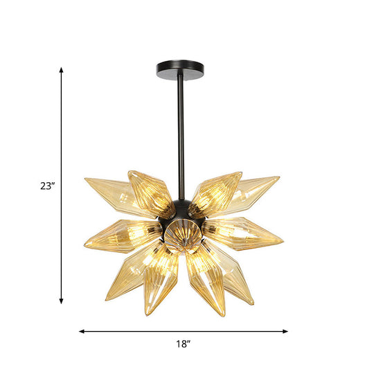 Industrial Amber/Clear Ribbed Glass Pendant Lighting With Starburst Design - 9/12/15 Heads Bedroom