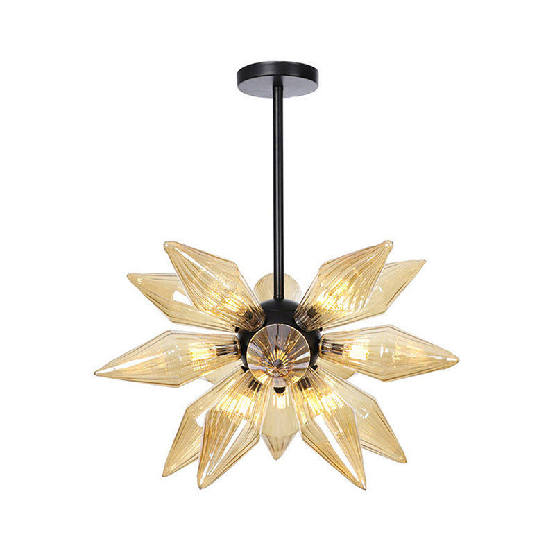 Industrial Amber/Clear Ribbed Glass Pendant Lighting With Starburst Design - 9/12/15 Heads Bedroom