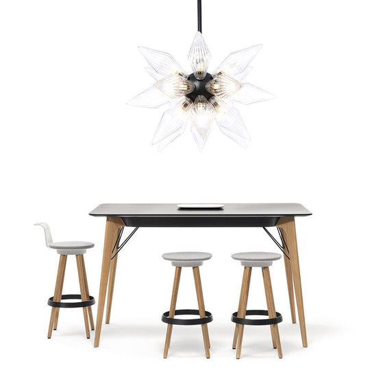 Industrial Amber/Clear Ribbed Glass Pendant Lighting With Starburst Design - 9/12/15 Heads Bedroom