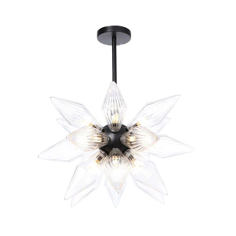 Industrial Amber/Clear Ribbed Glass Pendant Lighting With Starburst Design - 9/12/15 Heads Bedroom