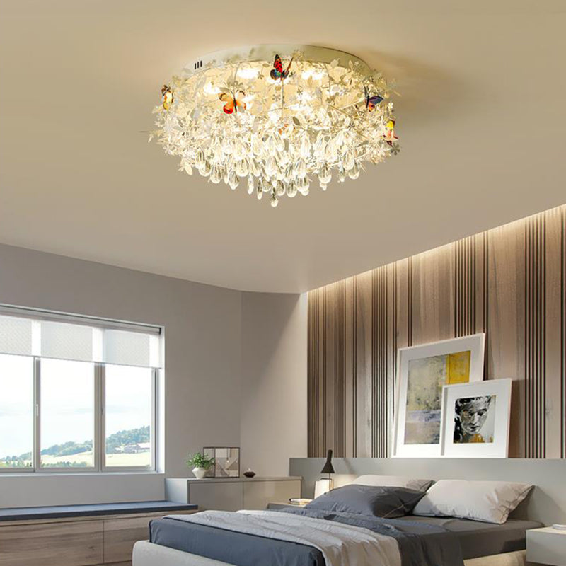 Cascade Teardrop Crystal Ceiling Light - 18/23.5 Wide Contemporary 5 Heads Nickel Flush Mount