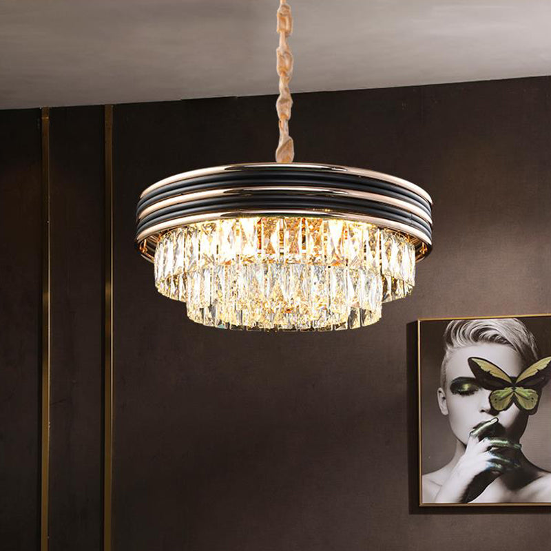 Moderner dreistöckiger runder Kristall-Kronleuchter – Schwarz, 9/11 Köpfe, 18"/21,5" breite Pendelleuchte