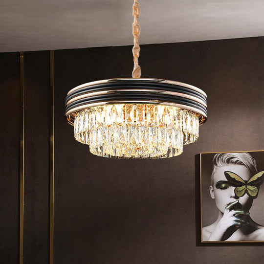 Moderner dreistöckiger runder Kristall-Kronleuchter – Schwarz, 9/11 Köpfe, 18"/21,5" breite Pendelleuchte