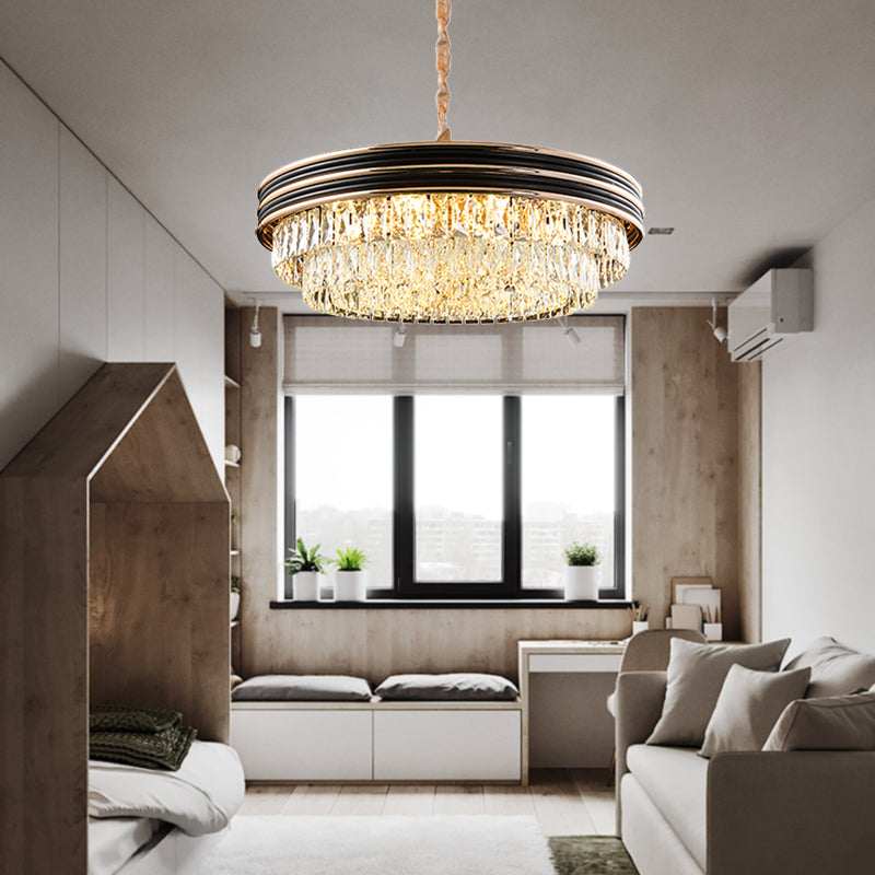 Moderner dreistöckiger runder Kristall-Kronleuchter – Schwarz, 9/11 Köpfe, 18"/21,5" breite Pendelleuchte