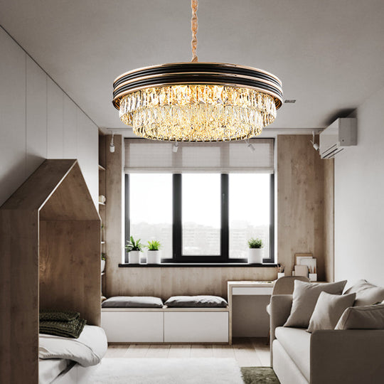 Moderner dreistöckiger runder Kristall-Kronleuchter – Schwarz, 9/11 Köpfe, 18"/21,5" breite Pendelleuchte