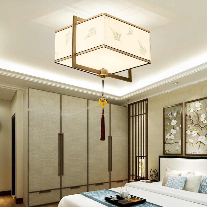 Square Flush Ceiling Light With 5 Fabric Lights Traditional White Fixture For Bedroom