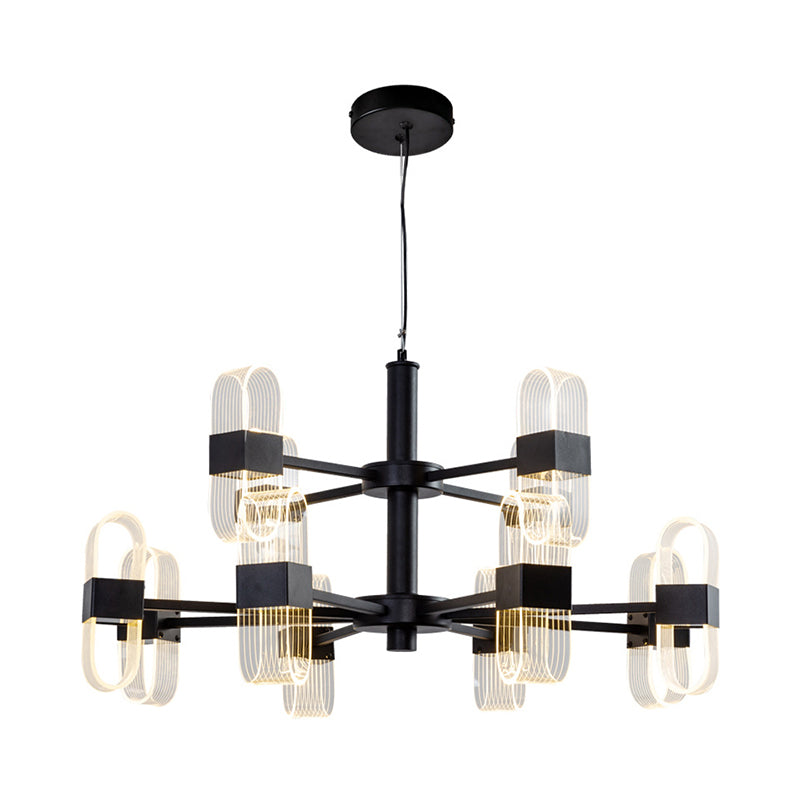 Oval Chandelier With Acrylic Heads And Black Rod For Modern Living Room - Available In Warm/White