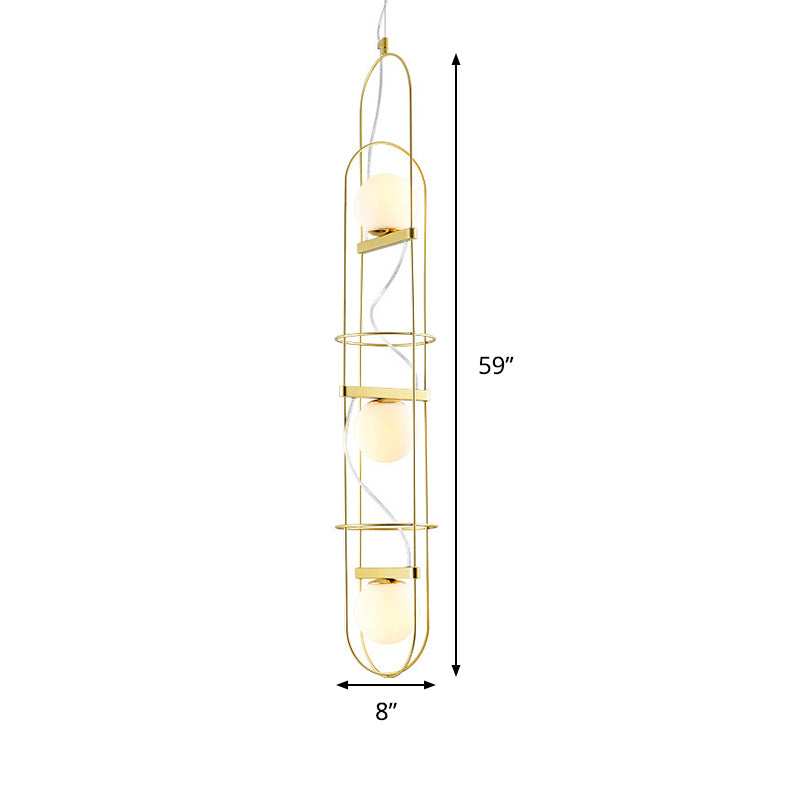 Modern Gold Chandelier With Oval Metal Frame - White Glass Sphere Ceiling Light (3 Heads)